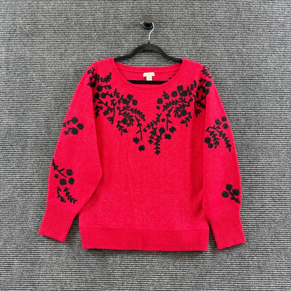 Sundance Sweater Large Red Wool Blend Floral Embroidered Crew Neck Pullover